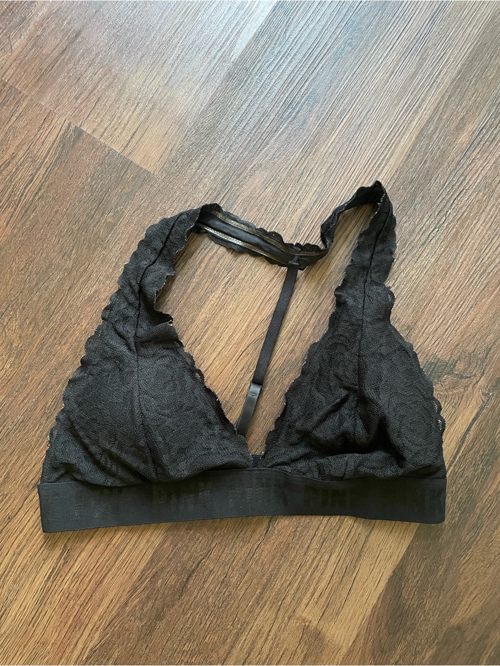Victoria's Secret PINK Large Padded Bra Black Lace Bralette Racer Back